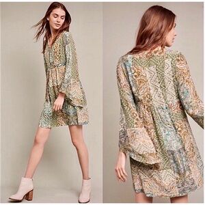 Anthropologie Floreat Amelie Kimono Silk Dress Sz 8 Boho Paisley Fairy Patchwork